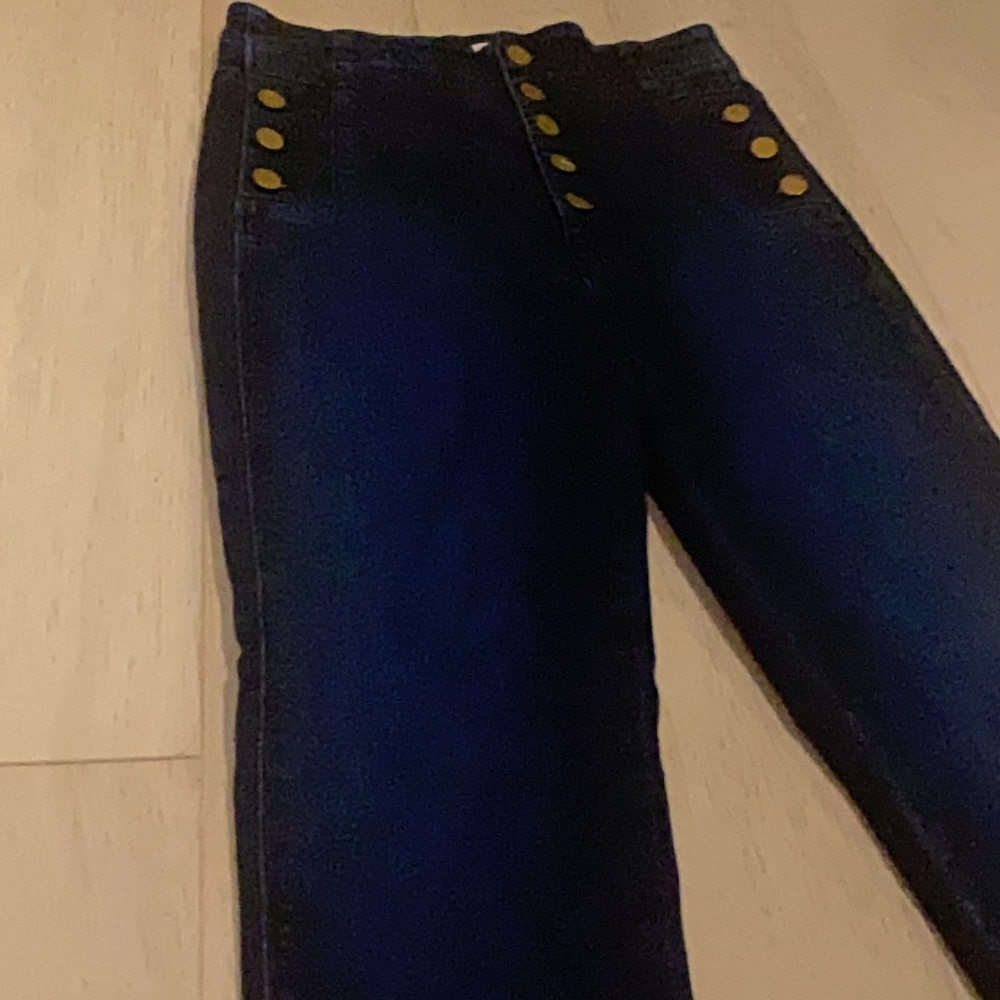 J Brand Dark Blue High Rise Jeans with Gold Buttons